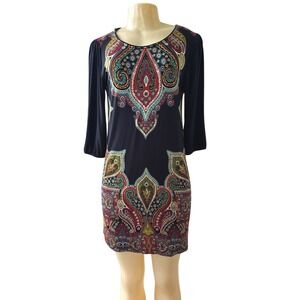 Cha Cha Vente Shift Dress Paisley Round Neck 3/4 Sheer Sleeve Stretch M